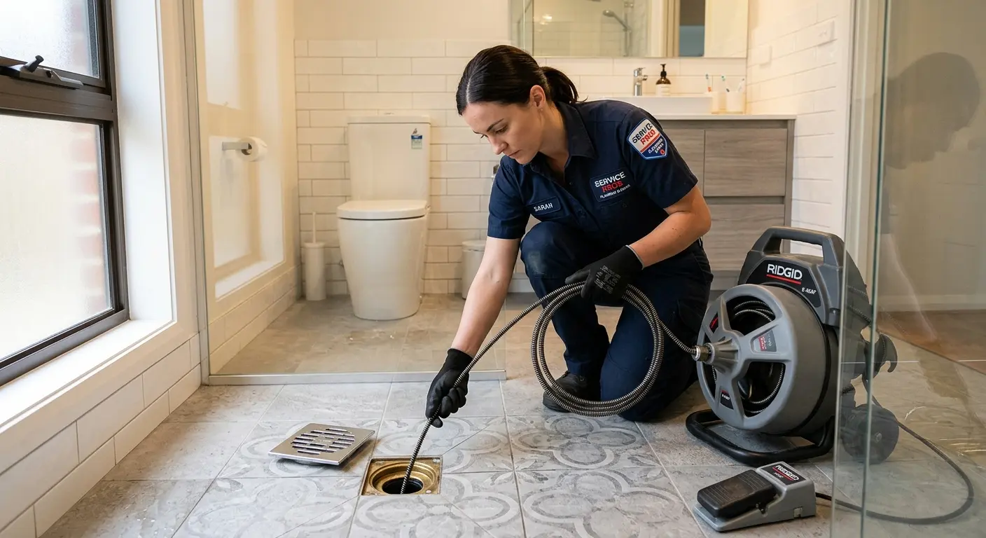 Technician clearing a bathroom floor drain for Drain Repair in Deerpark